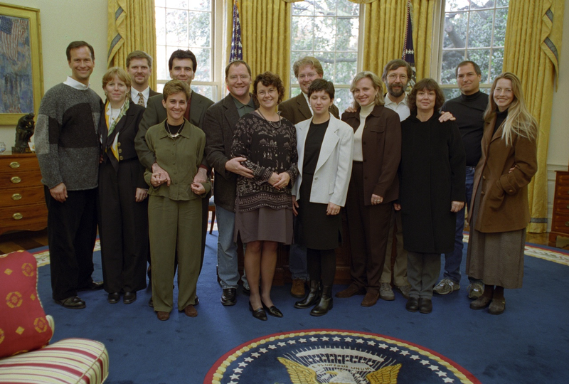 Top brass from Pixar in the Oval Office on November 9, 1998 in what’s described as “Camp David weekend guests” on contact sheets at the Clinton Library (Clinton Presidential Library)
